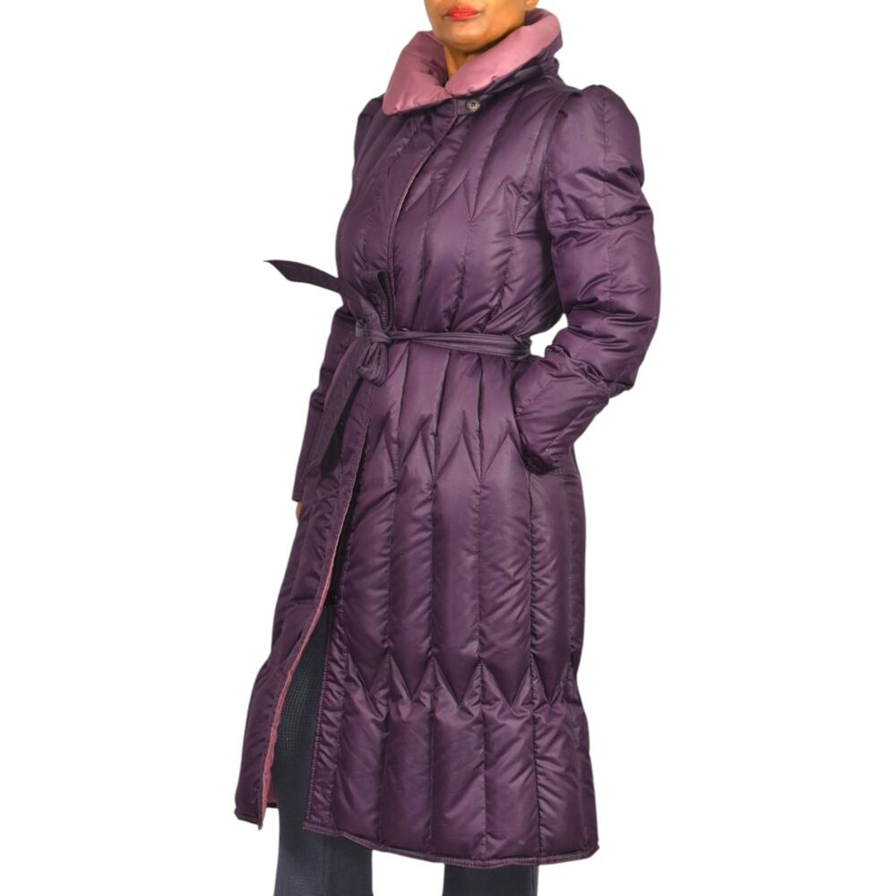 Vintage Quilted Goose Down Puffer Coat Purple Duck Long Midi Puff Sleeves Small